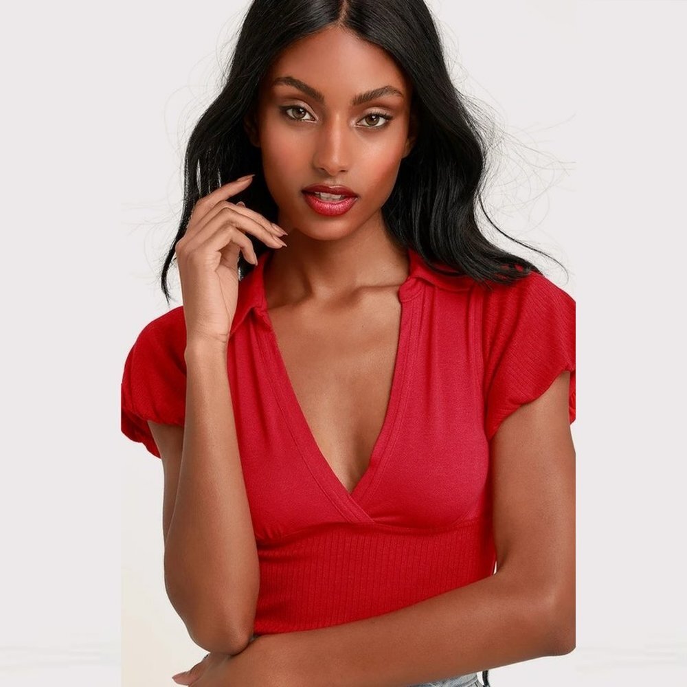 NWT New Free People Molly Red Ribbed Short Sleeve Surplice Top Size XS - Picture 2 of 15